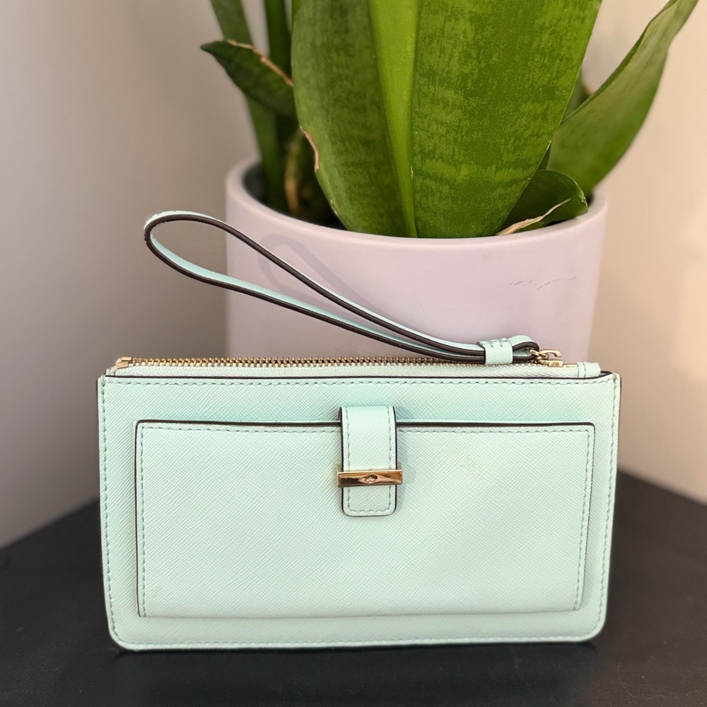 kate spade light blue Leather Wristlet Clutch with Gold Hardware